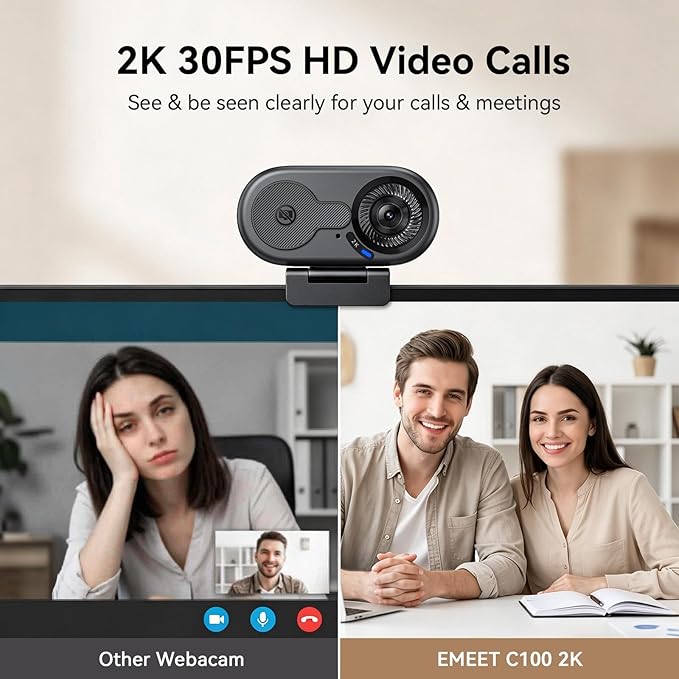 EMEET C100 2K Webcam for PC, Built-in Mic, Rotating Privacy Cover, Portable - Image 2