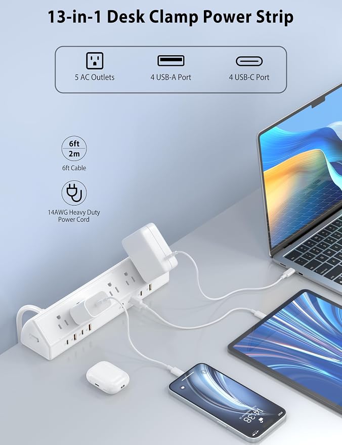 Desk Clamp Power Strip 65W Fast Charging Station, 4 PD USB-C, 5 Outlets - Image 4
