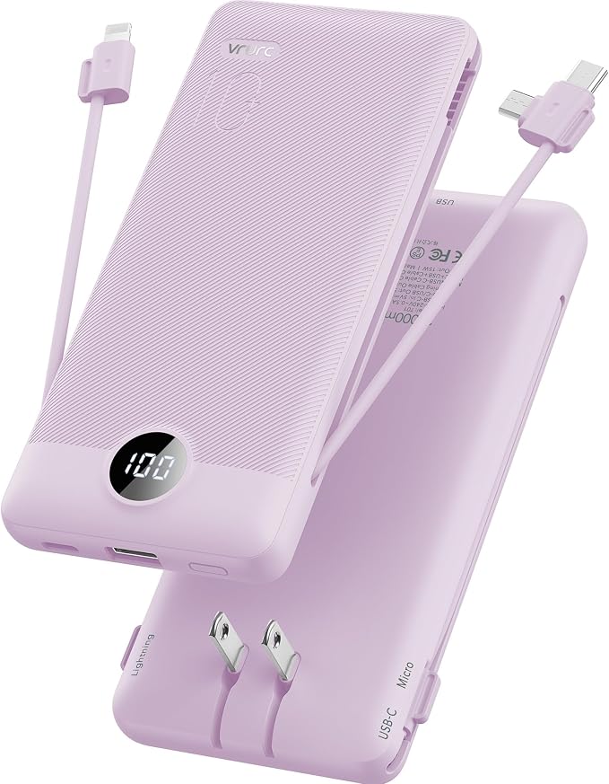 VRURC Portable Charger Built-in Cables and AC Wall Plug, USB C Power Bank by Home