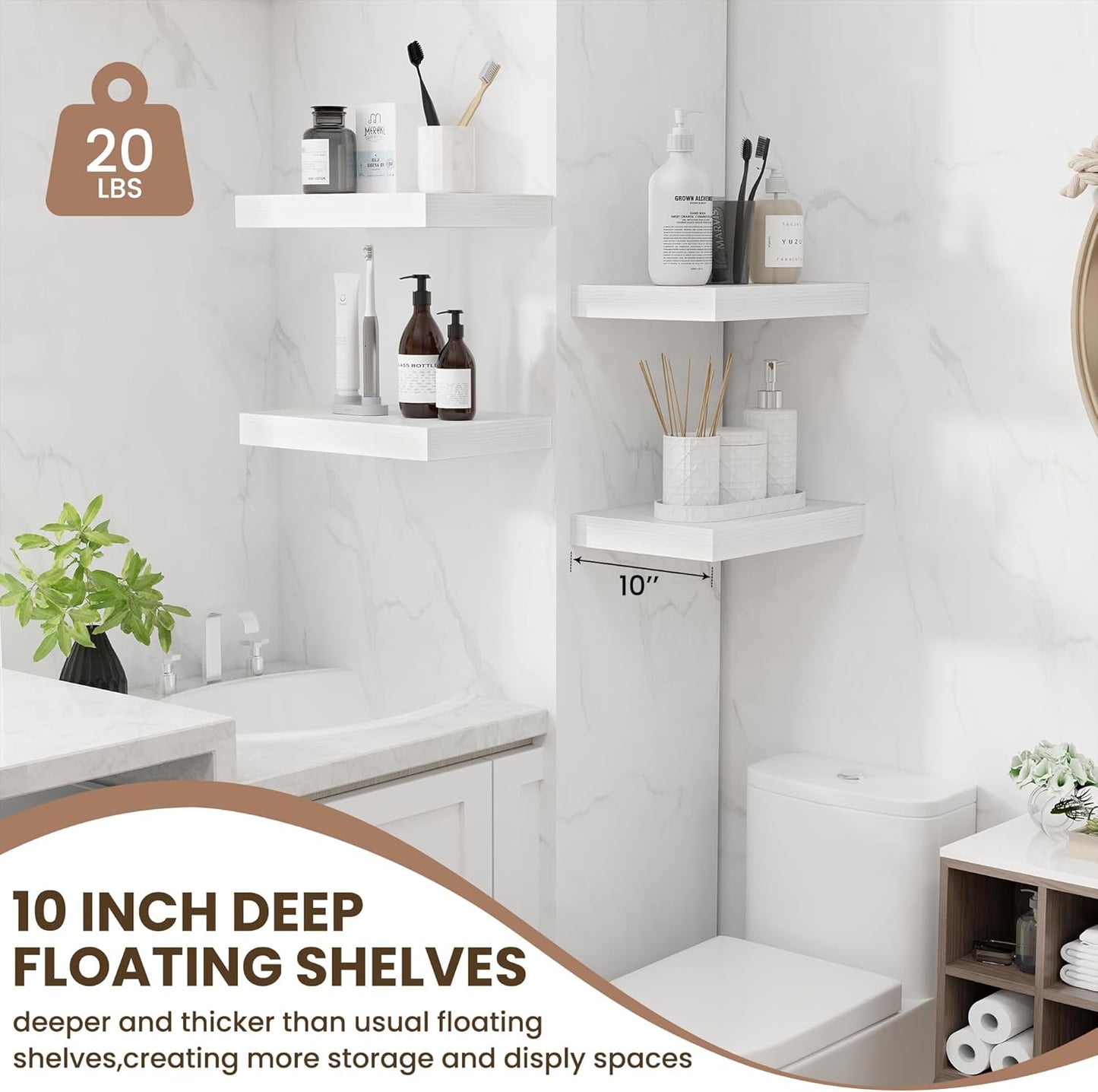 Fun Memories Wood Floating Shelves 16 Inch, 10 Inch Deep Shelves Wall Mount, Wall Shelves with Invisible Bracket, 16" Floating Shelves for Living Room Bathroom Bedroom, White, Set of 2