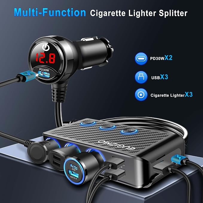 Cigarette Lighter Adapter, 222W 3 Socket Car Cigarette Lighter Plug USB Charger - Image 3