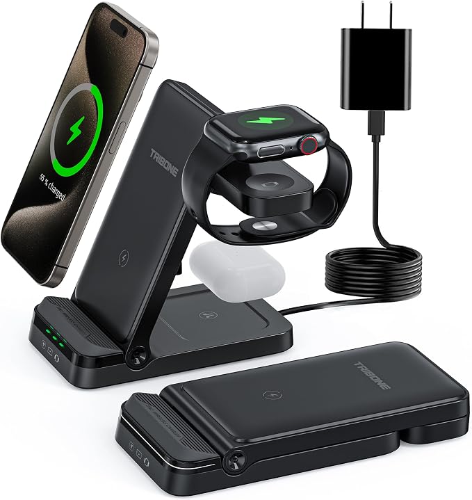 Wireless Charger, Tribone 3 in 1 Foldable Fast Charger by TRIBONE