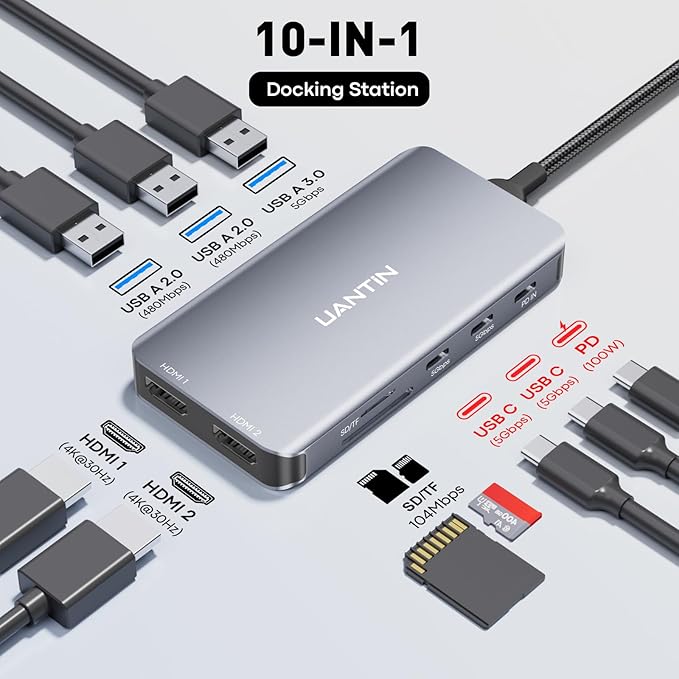 UANTIN USB C Docking Station Dual Monitor, 10-in-1 USB C to Dual HDMI Adapter - Image 2