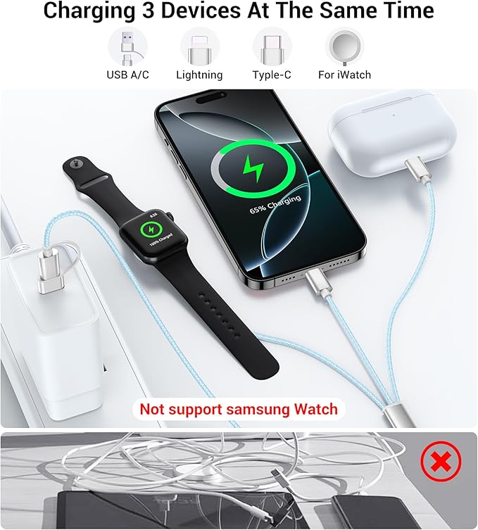 Temdan for Travel Vacation Essentials, 3 in 2 USB C Cable for Apple Watch - Image 3