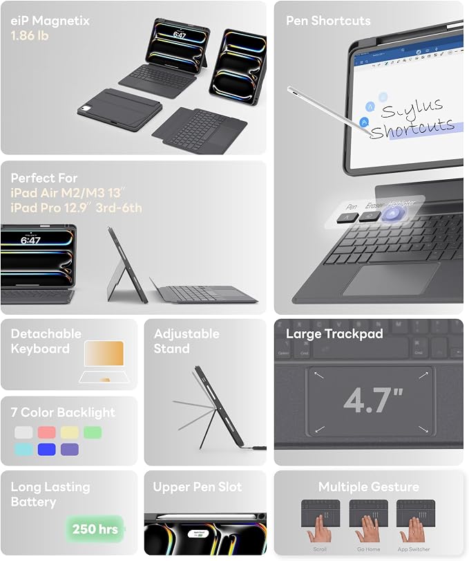 EIP Bluetooth Keyboard Case for iPad Air 13 inch, 7-Color Backlit Keys - Image 7