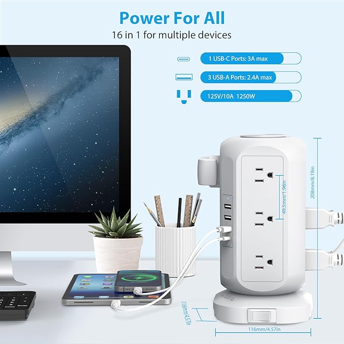 15 ft Long Extension Cord Power Strip Tower, AOFO Surge Protector 12 AC Outlets - Image 2