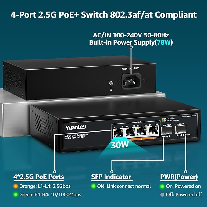YuanLey 6 Port 2.5G PoE Switch Unmanaged, 4 x 2.5G Base-T PoE Ports, 2 x 10G SFP - Image 3