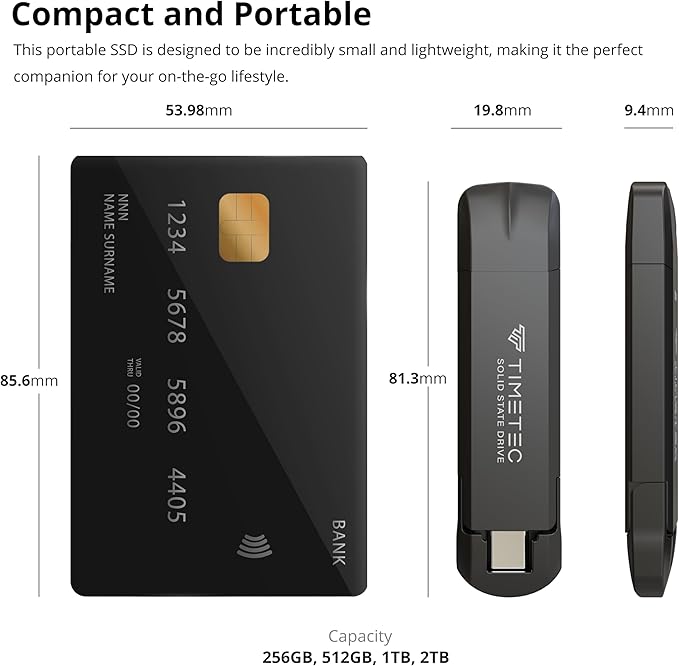 Timetec 1TB Pro Portable USB 3.2 Gen 2 Type-C/Type-A SSD Read Speed 1000MB/s - Image 3