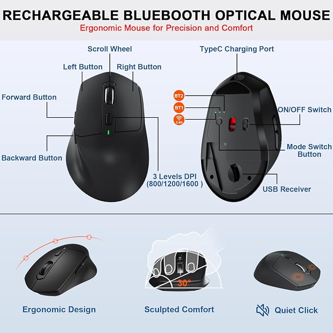 Ergonomic Wireless Keyboard Mouse Combo, MK835 Wave Keys Bluetooth/2.4G Split - Image 6