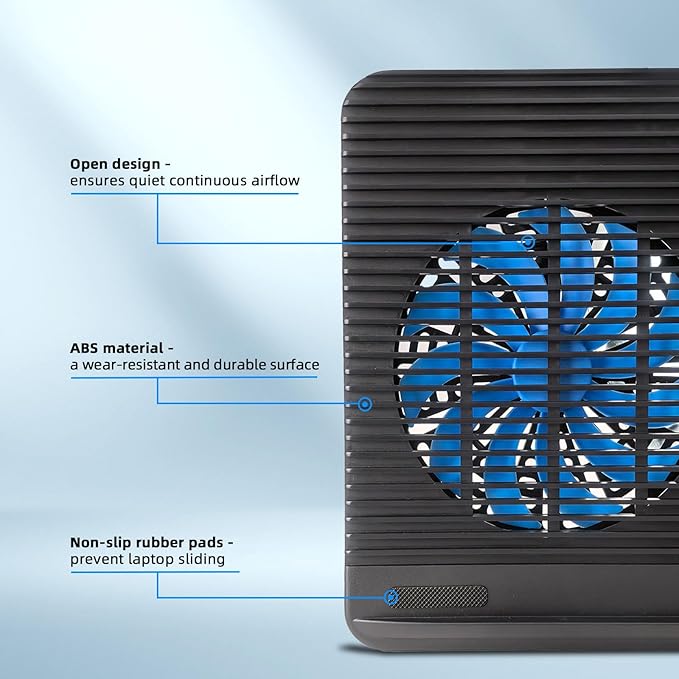 Laptop Cooling Pad, Coolertek USB Powered Laptop Cooler, 2 Blue Silent Big Fans - Image 2