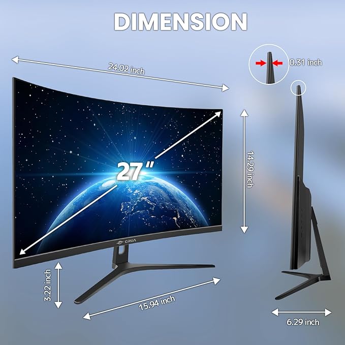 CRUA 27" Curved Monitor, FHD VA Panel, 120% sRGB Professional Computer Monitor - Image 7