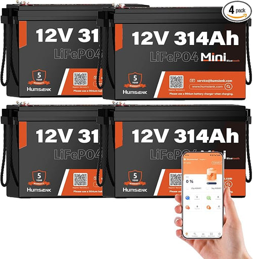 4 PCS Bluetooth 12V 314Ah LiFePO4 Lithium Battery MINI, Max. 4190Wh Energy by HumsiENK