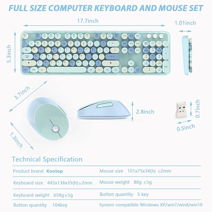 Wireless Keyboard and Mice Combo, Retro Round Keys Full-Sized Cute Keyboard - Image 9