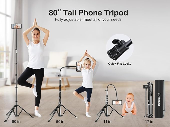 elitehood 80” Tall Phone Stand Tripod, Floor Phone Recording Stand, Heavy Duty - Image 3