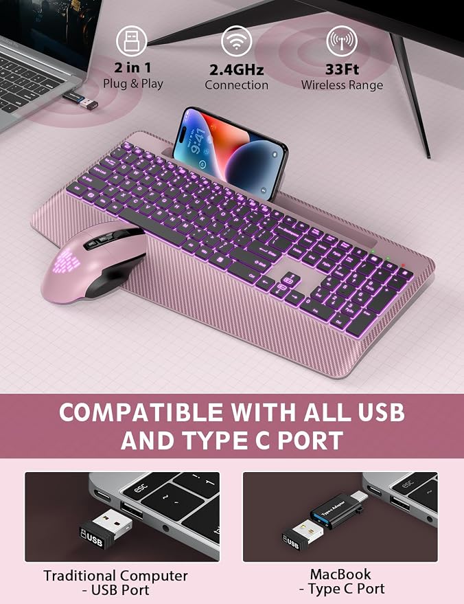 Wireless Keyboard and Mouse Backlits, Wrist Rest, LED Mouse, Rechargeable - Image 6