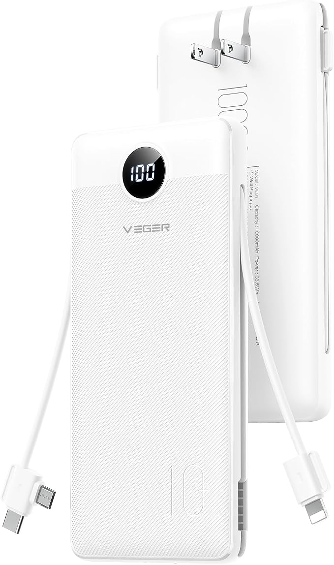 VEGER AC Wall Plug Portable Charger, 10000mah Slim Portable Charger Built in by VEGER