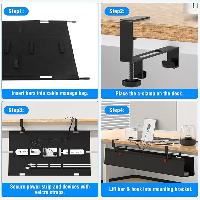 No Drill Under Desk Cable Management Tray, Upgraded Oxford Fabric Wire - Image 6