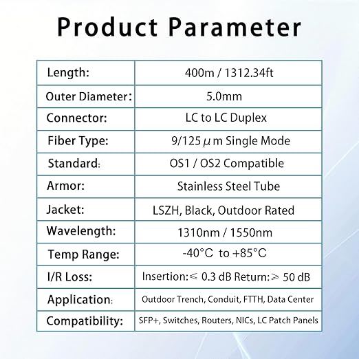 400M/1312FT LC to LC Armored Outdoor Fiber Optic Cable, Single Mode Duplex - Image 6