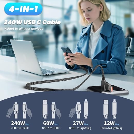 Travel Essentials 240W USB C Cable, 4 in 1 Charging Cable Fast Charging Cords - Image 8
