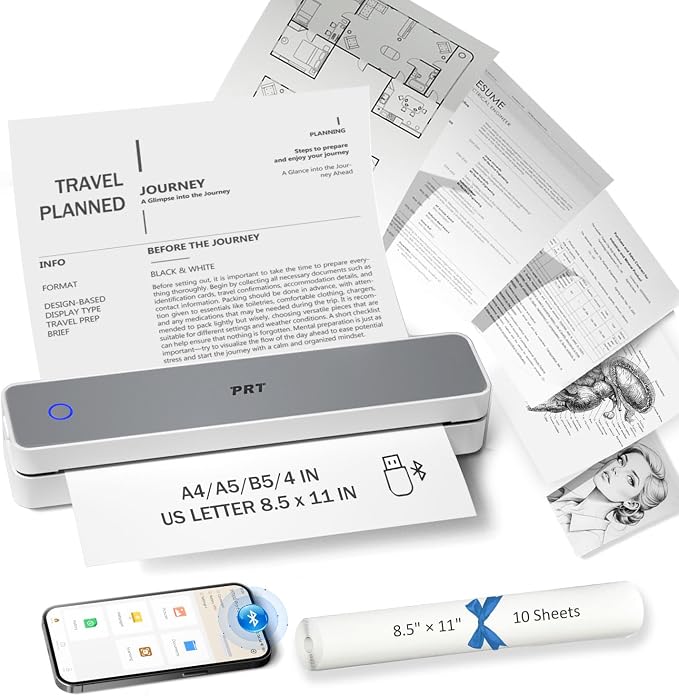 Inkless Portable Printer for Travel, Wireless Thermal Printer Support 8.5 x 11 by PRT