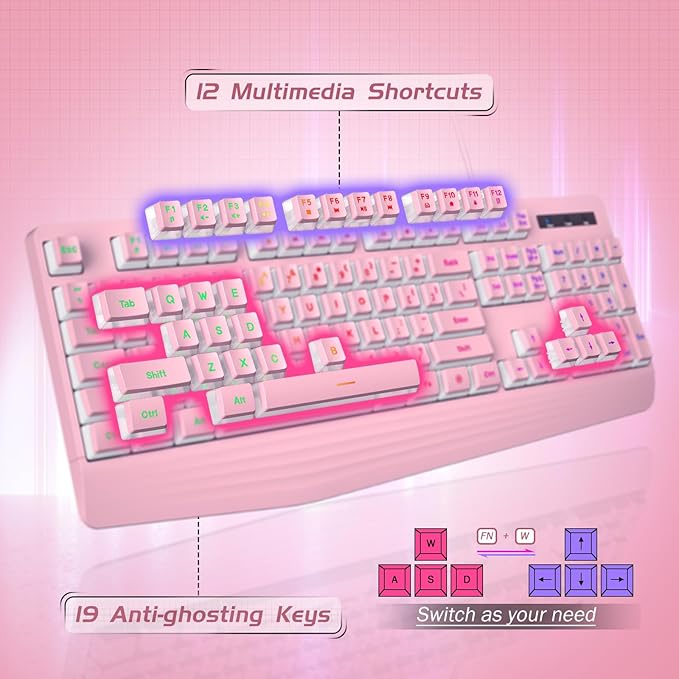 Pink Creamy Keyboard, Rainbow LED Backlit, 104 Keys Silent Light Up Gaming - Image 6