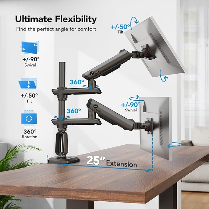 HUANUO Dual Monitor Arm for 13-49" Ultrawide Screens up to 40 lbs, Heavy Duty - Image 5