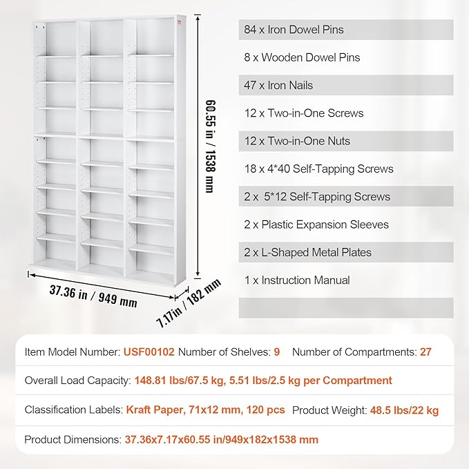 VEVOR Media Storage Cabinet, 9-layer DVD Shelf, Adjustable CD Shelves 27 - Image 3