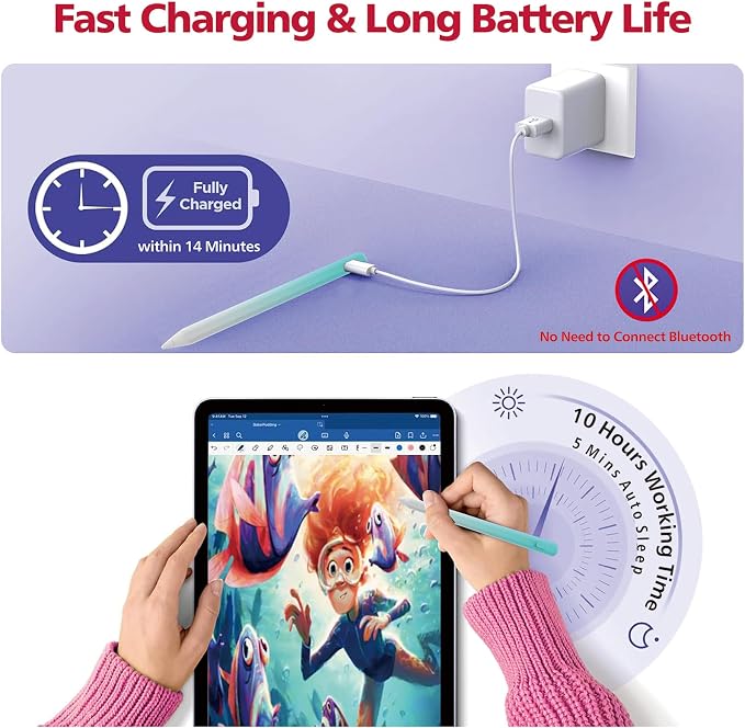 Stylus Pen for iPad, 14Mins Fast Charge for Apple Pencil, Palm Rejection - Image 4