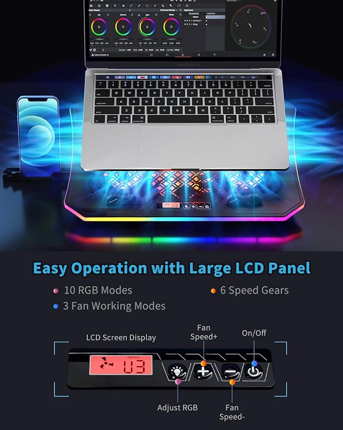 Laptop Cooling Pad, KeiBn RGB Lights Laptop Cooler 6 Fans - Image 3