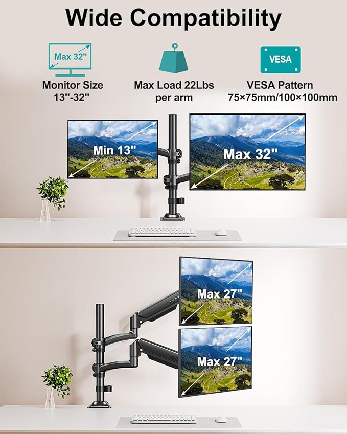 Dual Monitor Stand for Desk, Taller Monitor Arms for 2 Screens up to 32 inch - Image 5