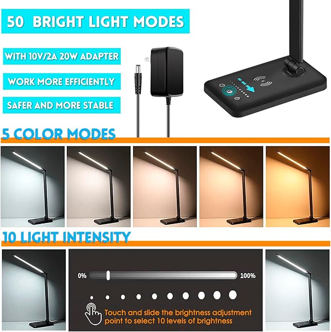 LED Desk Lamp with Wireless Charger, USB Charging Port, 10 Brightness, 5 Color - Image 2