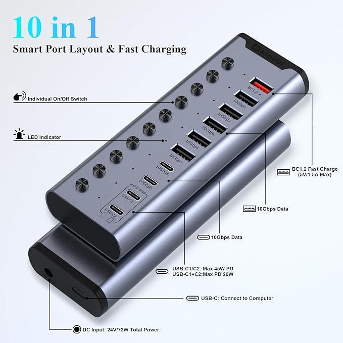 Powered USB Hub, 10-Port USB C Hub - Image 2