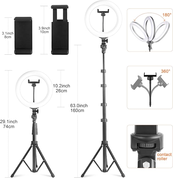 UEGOGO 10'' Ring Light with 72'' Tripod Stand, Dimmable LED Ringlight - Image 3