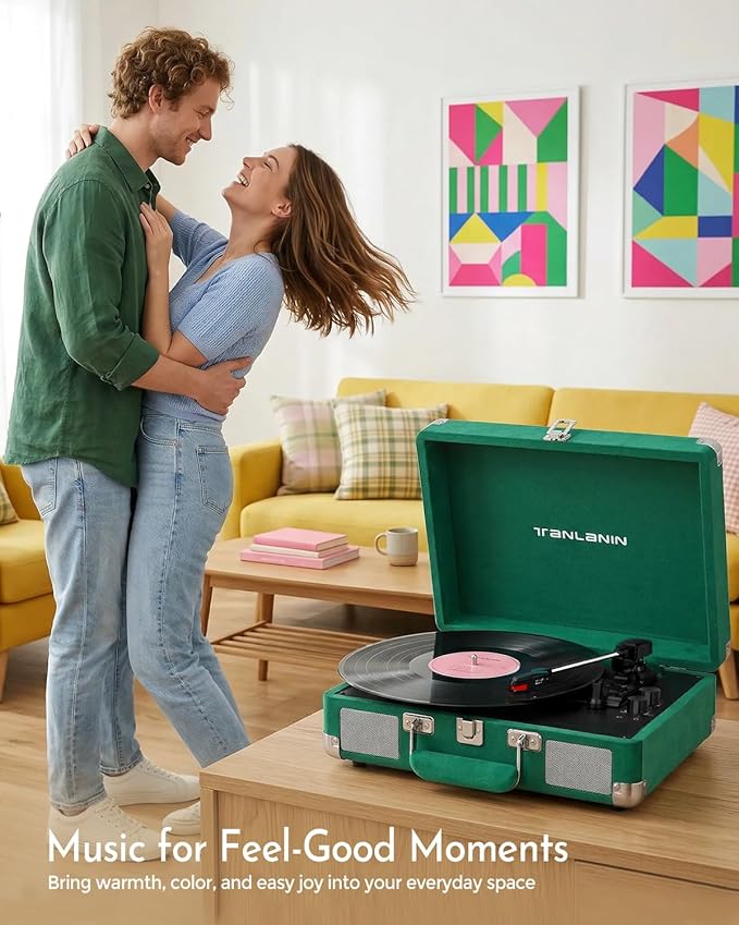 Green Velvet Suitcase Vinyl Record Player - Image 11
