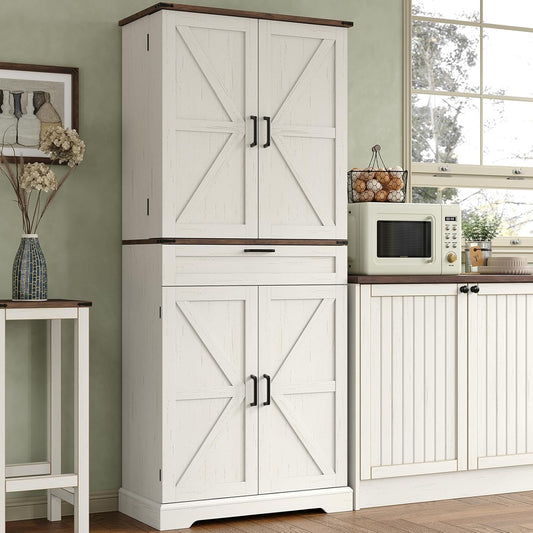72'' Kitchen Storage Pantry Cabinet, Tall Storage Cabinet with 8 Door Shelves, 2 Cabinets and 1 Drawer, Freestanding Cupboard for Kitchen, Dining Room, Bathroom, Laundry, Off White