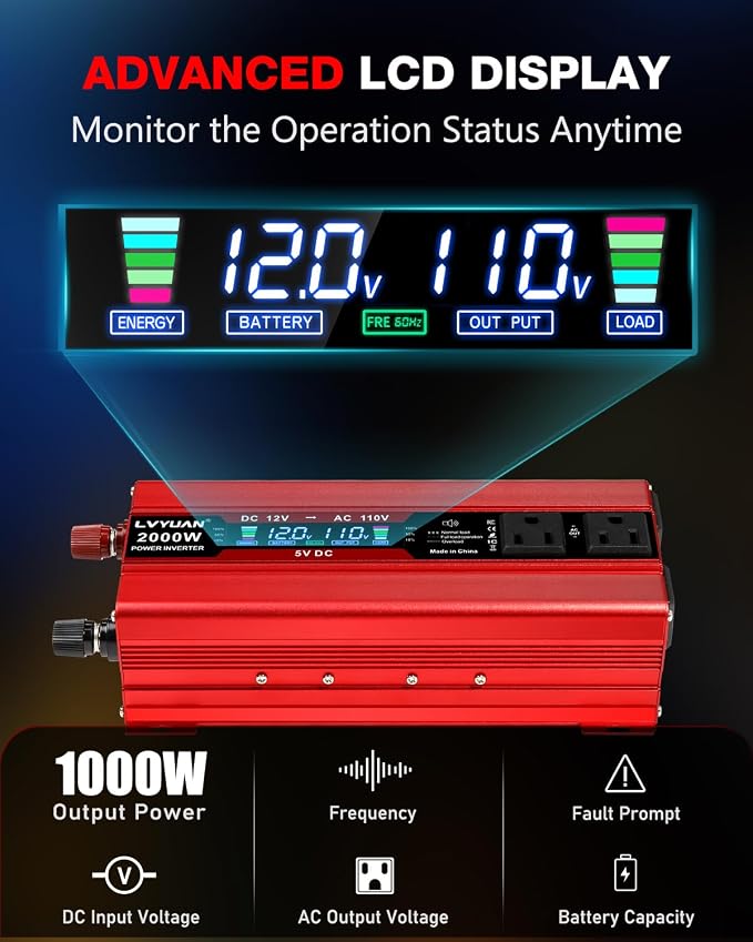 LVYUAN 1000W Car Power Inverter 12V to 110V DC to AC - Image 3