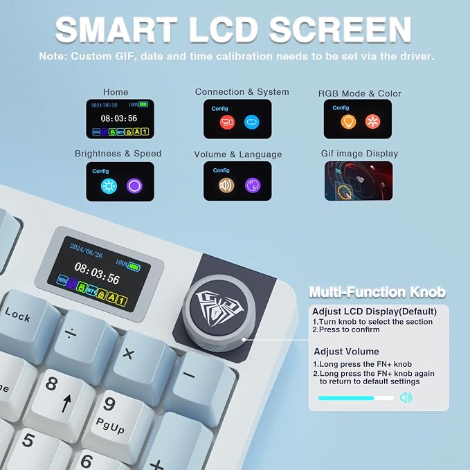 AULA S98 Pro Wireless Mechanical Keyboard, Smart Screen & Knob, Tri-Mode - Image 3