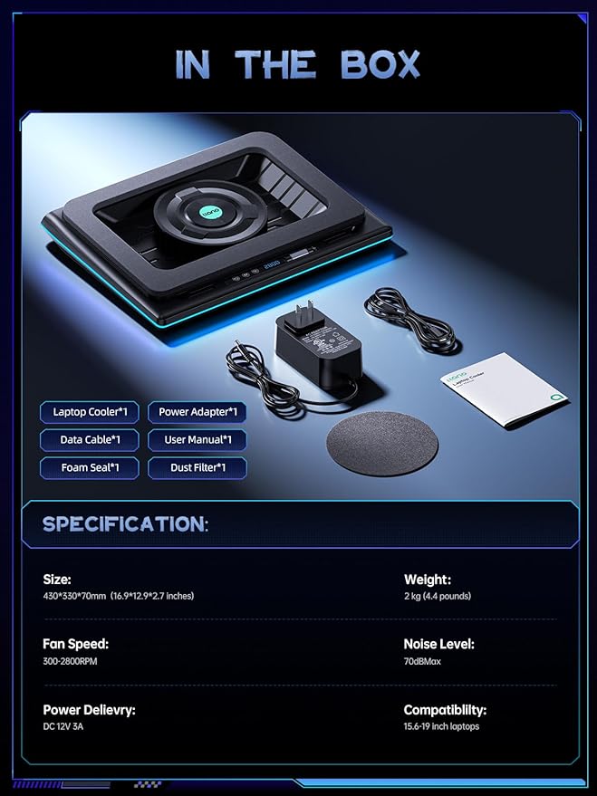 llano V12 Gaming Laptop Cooling Pad, RGB Laptop Cooler, Laptop Cooling Fan Stand - Image 8