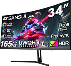 SANSUI 34-Inch Curved Gaming Monitor UWQHD 3440 x 1440 165Hz Curved 1500R by SANSUI