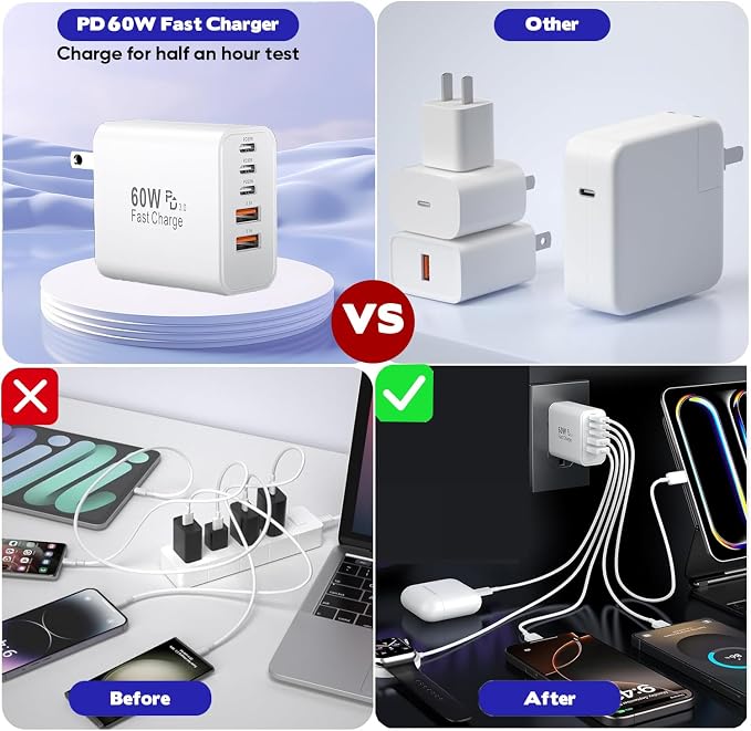 iPhone 16 Fast Charger Block, 2 Pack 60W USB Charging Block 5-Port Charge - Image 6