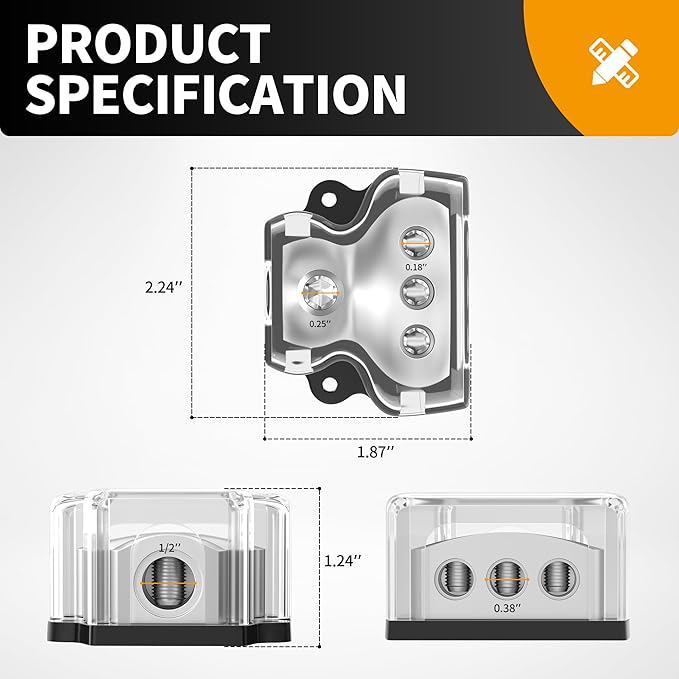 3 Way Power Distribution Block Car Audio Splitter 1 x 0 Gauge in / 3 x 4 Gauge - Image 2