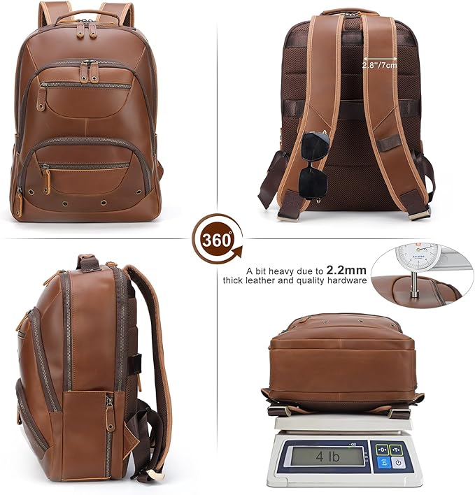 TIDING Brown Leather Travel Backpack - Image 2