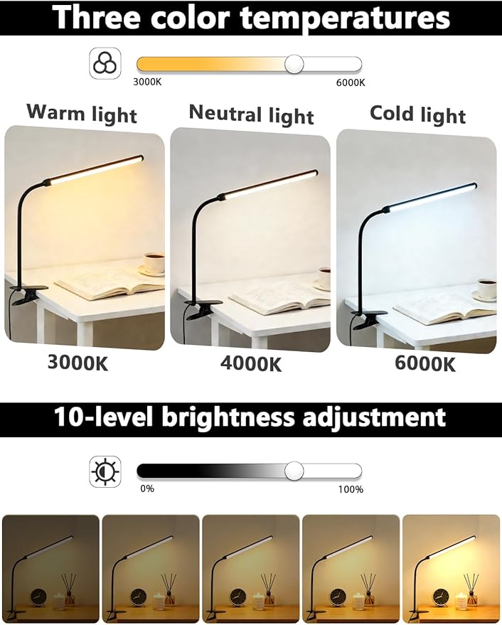 2 Pack Clip On LED Desk Lamp, 3 Lighting Modes 10 Brightness Levels, Flexible - Image 3
