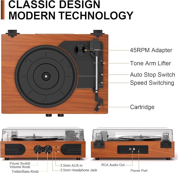 Vinyl Record Player with Walnut Finish, 3-Speed Belt-Drive Turntable with - Image 2