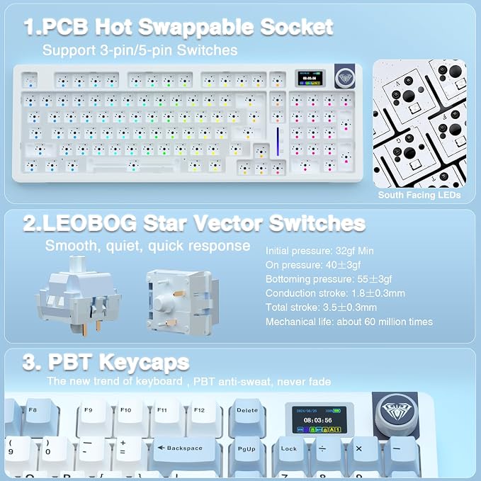 AULA S98 Pro Wireless Mechanical Keyboard, Smart Screen & Knob, Tri-Mode - Image 7