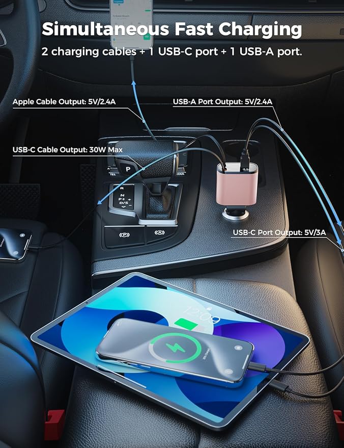【Upgraded】 SUPERONE Retractable Car Charger 4 in 1, Fast Car Phone Charger - Image 3
