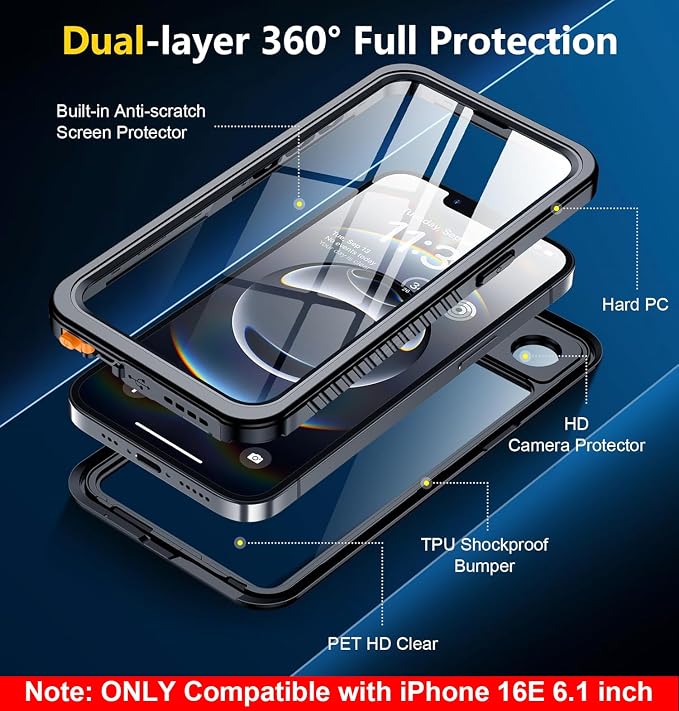 SPIDERCASE for iPhone 16e Case Waterproof, Built-in Screen & Camera Lens - Image 7