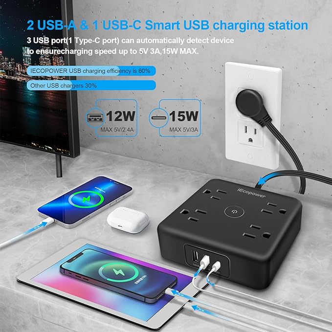 Ultra Flat Plug Surge Protector Power Strip 10 ft Cord, Long Power Strip - Image 3