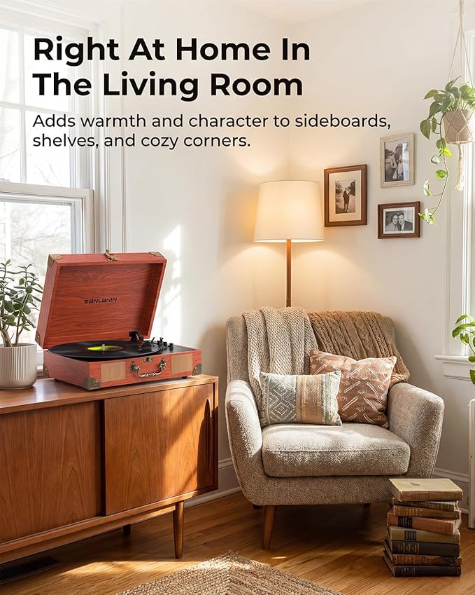 Vinyl Record Player with Bluetooth Output & Input, Treble & Bass Control - Image 10