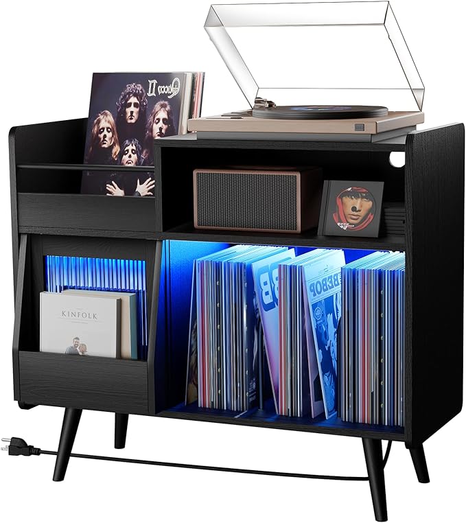 Large Record Player Stand with Sliding Door, 350 Vinyl Record Storage Cabinet by MULEJYBO